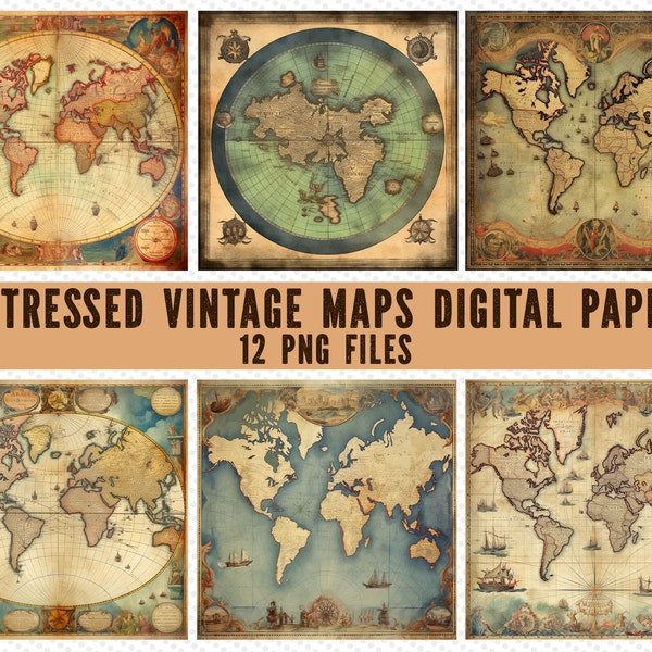 Distressed Vintage Maps Digital Papers, Old world Maps, vintage world maps, digital maps,  Antique Maps, world map png, Midjourney Prompts