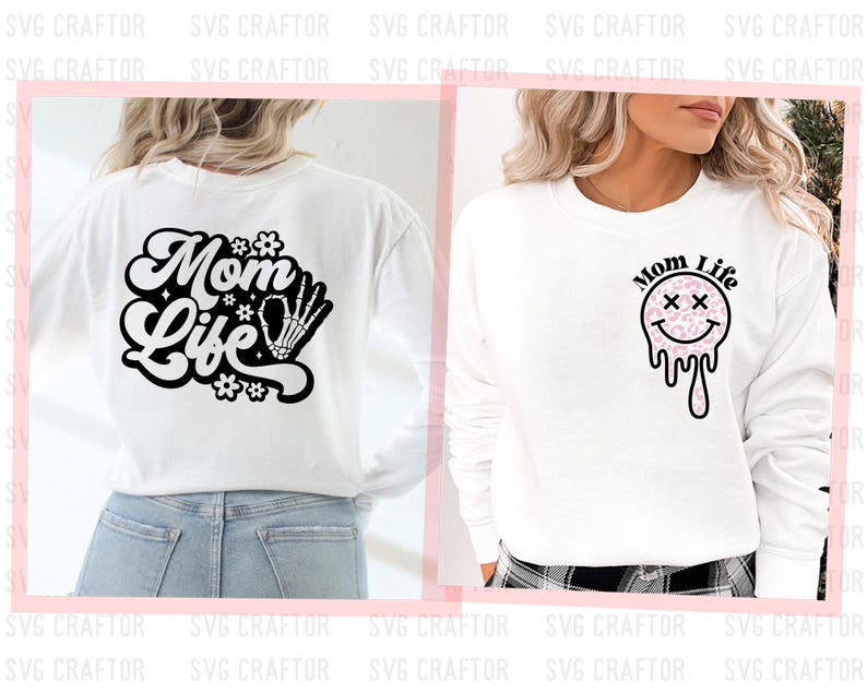May include: Two white long-sleeve shirts with different designs. The first shirt has a black design that says "Mom Life" with a skeleton hand. The second shirt has a black design that says "Mom Life" with a pink and white smiley face.