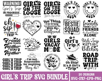 May include: A black and white digital download bundle of 20 girls' trip SVG designs. The designs include phrases like "Girl's Trip on the Loose", "Bestie Squad", "Girls Vacay Mode", and "Road Trip with Girl's".