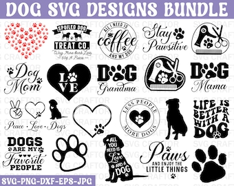 Könnte beinhalten: Ein Set mit 16 schwarz-weißen SVG-Designs zum Thema Hunde. Die Designs beinhalten Pfotenabdrücke, Herzen, Text und Illustrationen von Hunden. Der Text enthält Sätze wie "Hundemama", "Liebe", "Frieden Liebe Hunde", "Hunde sind meine Lieblingsmenschen", "Alles was du brauchst ist Liebe und ein Hund", "Bleib positiv", "Das Leben ist besser mit einem Hund", und "Pfoten und genieße die kleinen Dinge".