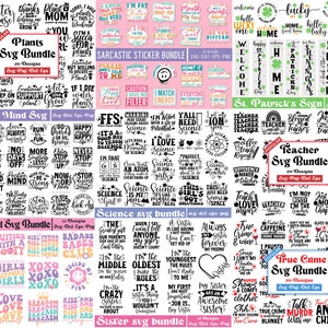 May include: A digital collage of various SVG designs for crafting projects. The designs include a variety of themes, such as plants, positive mind, science, retro girls, teachers, and true crime. Each design is labeled with its theme and includes the text "Svg Bundle" and "Svg-Png-Dxf-Eps".