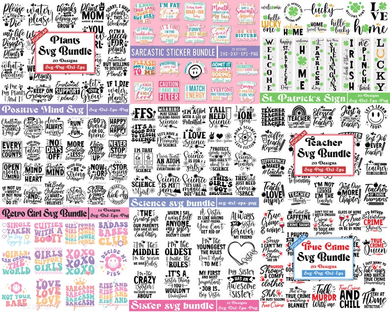 May include: A digital collage of various SVG designs for crafting projects. The designs include a variety of themes, such as plants, positive mind, science, retro girls, teachers, and true crime. Each design is labeled with its theme and includes the text "Svg Bundle" and "Svg-Png-Dxf-Eps".