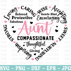 May include: A pink heart-shaped design with black text that reads "Aunt" in the center. The text around the heart reads "Loving, Strong, Inspiring, Caring, Beloved, Protective, Fabulous, Wise, Gentle Kind, Encouraging, Accepting, Sweet, Nurturing, Compassionate, Thoughtful, Giving".