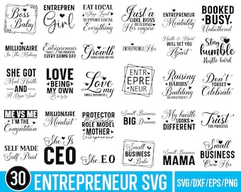 May include: A black and white graphic design with 30 different motivational quotes for entrepreneurs. The quotes include phrases like "Boss Baby", "Entrepreneur Girl", "Love Being My Own Boss", "She Got Mad Hustle", "Hustle & Heart Will Set You Apart", "Small Business Mama", and "Trust The Process".
