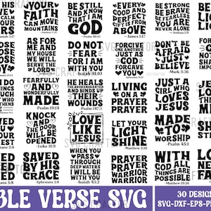 May include: A digital download of 30 black and white Bible verse designs. The designs feature various inspirational quotes and scripture references. The designs are perfect for creating crafts, cards, and other projects.