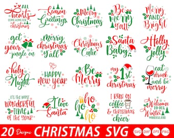 May include: Twenty Christmas-themed SVG designs featuring festive phrases like "Merry Christmas", "Season Greetings", and "Happy New Year". The designs are in red and green with white snowflakes and other decorative elements.