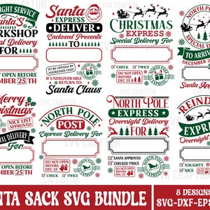 May include: A set of eight Christmas-themed SVG designs for Santa sacks. The designs feature red and green colours with text such as "Santa's Workshop", "North Pole Express", and "Reindeer Express".