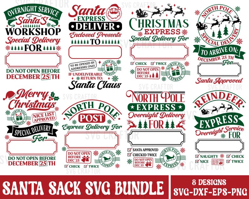 Puede incluir: Un conjunto de ocho dise&ntilde;os SVG con tem&aacute;tica navide&ntilde;a para sacos de Santa. Los dise&ntilde;os presentan colores rojo y verde con texto como "Taller de Santa", "Expreso del Polo Norte" y "Expreso de Reno".