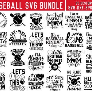 Op de afbeelding: Een digitale download van 25 baseball-thema SVG-ontwerpen. De ontwerpen bevatten verschillende zinnen en afbeeldingen met betrekking tot baseball, waaronder "Ik ben een Baseball-mama", "Baseball is mijn favoriete seizoen" en "Laten we dit doen, meiden".