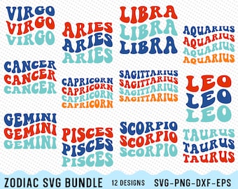 May include: A set of 12 colorful, retro-style zodiac signs. Each sign is repeated three times in different colors: red, blue, and light blue. The signs are arranged in a grid pattern. The text "ZODIAC SVG BUNDLE 12 DESIGNS SVG-PNG-DXF-EPS" is at the bottom of the image.