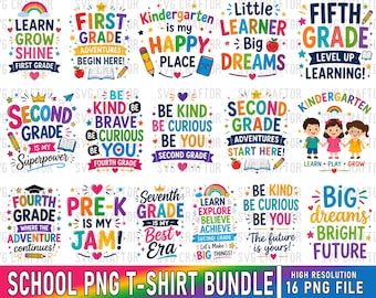 School PNG Bundle, Kindergarten, First Grade, Second Grade, Pre-K Shirt Designs (Digital Download)