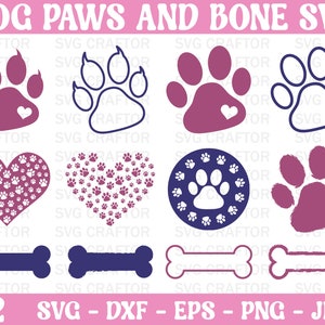 May include: A set of 12 SVG cut files featuring paw prints, hearts, and bones. The paw prints are in pink, purple, and blue. The hearts are pink and white. The bones are blue and white. The text "DOG PAWS AND BONE SVG" is at the top of the image. The text "12 SVG - DXF - EPS - PNG - JPG" is at the bottom of the image.