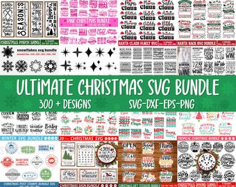 May include: A collage of colorful Christmas SVG designs, including porch signs, snowflakes, Santa Claus family, Santa sacks, winter bundles, tropical Christmas, Christmas signs, gift stickers, and round signs. The text "Ultimate Christmas SVG Bundle" and "300+ Designs" is displayed in large, bold letters.