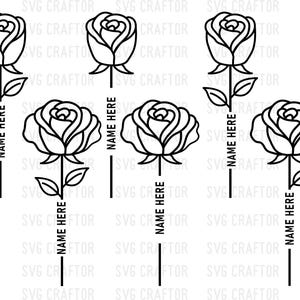 May include: Black and white line art of roses with stems and leaves. Each rose has the text "NAME HERE" printed vertically on the stem. The image is a vector graphic.