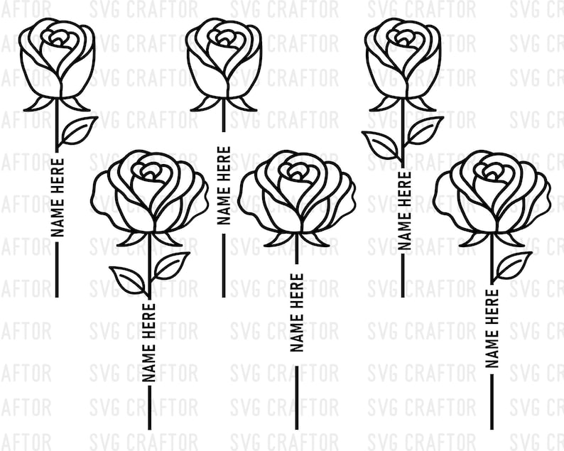 May include: Black and white line art of roses with stems and leaves. Each rose has the text "NAME HERE" printed vertically on the stem. The image is a vector graphic.