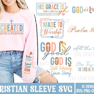 May include: A set of 12 Christian-themed SVG designs featuring colorful text and graphics. The designs include phrases like "His Grace is Enough", "Made to Worship", "God is Good", and "Love of Jesus".