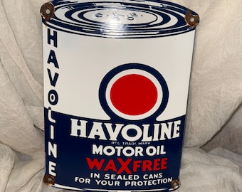 Letrero vintage de porcelana Havoline: diseño de lata de aceite de motor sin cera Texaco