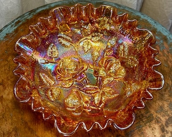Cuenco vintage de cristal con base Marigold Carnival, iridiscente, con estampado de rosas, de 20 cm, de Indiana Glass