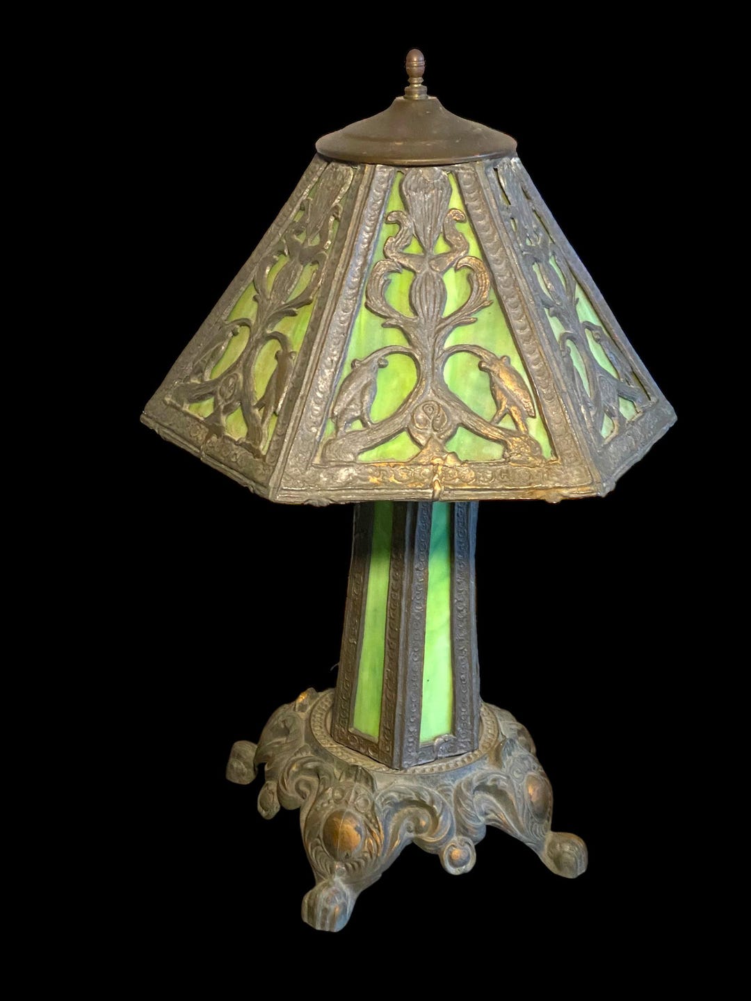 Vintage EF & EF Industries Slag Glass Lamp 1970s Green Glass Bird