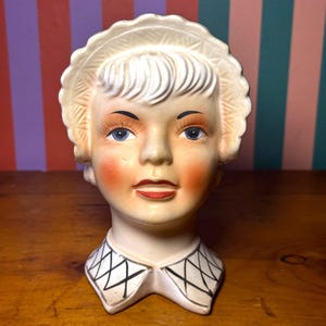 Vintage Royal Sealy Japan Lady Head Vase | 1950s Porcelain | Geometric Collar | Mid Century Planter | Collectible Head Vase