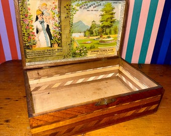 1890s Jerome B. Rice Daisy Box Seed Display – RARE Inlaid Marquetry Victorian Advertising Box