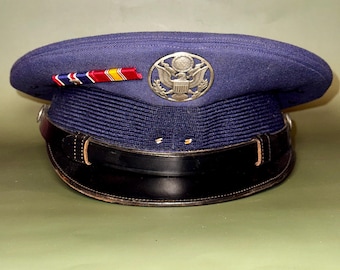 Vintage USAF Dress Blue Visor Cap – Vietnam War Era, Original Badge