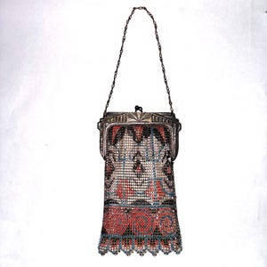 Antieke wijting en Davis art-deco geschilderde portemonnee uit de jaren 1920 – geometrisch decopatroon – zilverkleurige lijst – geschulpte franje – gesigneerd