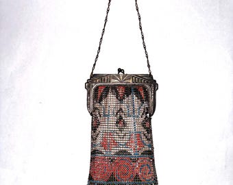 Antique 1920s Whiting & Davis Art Deco Painted Mesh Purse – Geometric Deco Pattern – Silver-Tone Frame – Scalloped Fringe – Signed