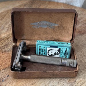 1941 Gillette Ranger Tech Safety Razor Set with Case and Blue Blades - Vintage Military Issue Shaving Kit - Art Deco Decor