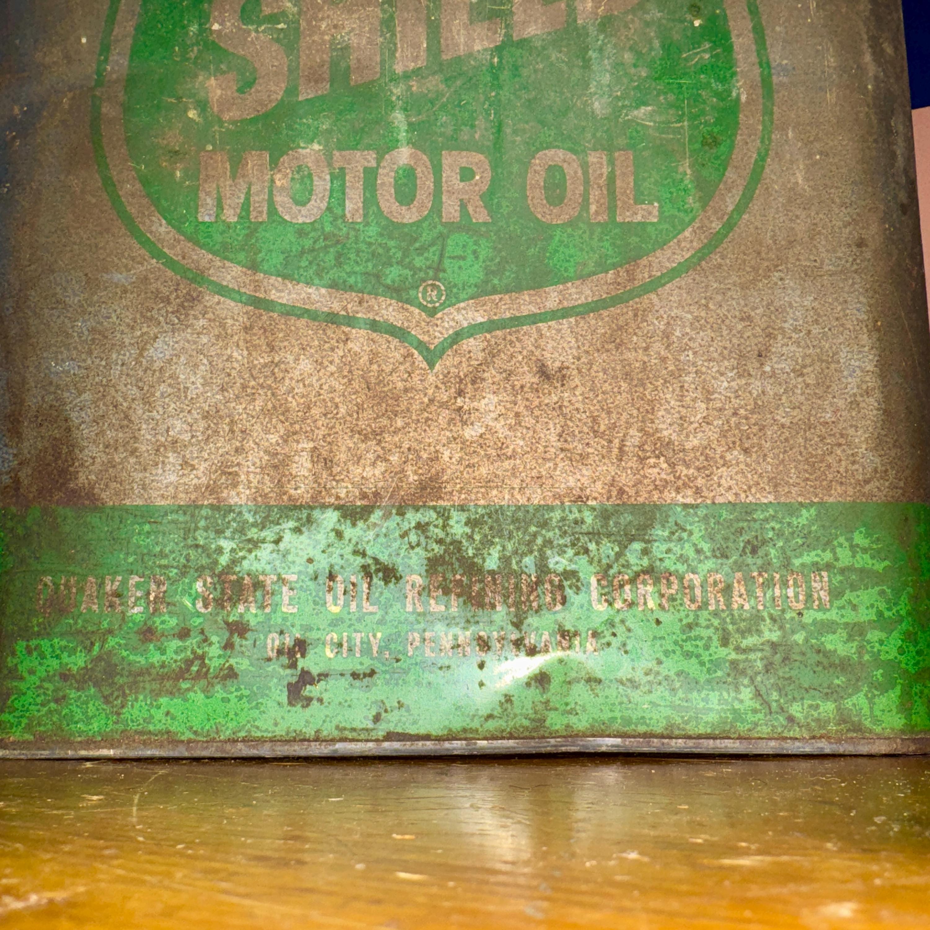 Vintage Green Shield Motor Oil Can – 2 Gallon Quaker State Tin