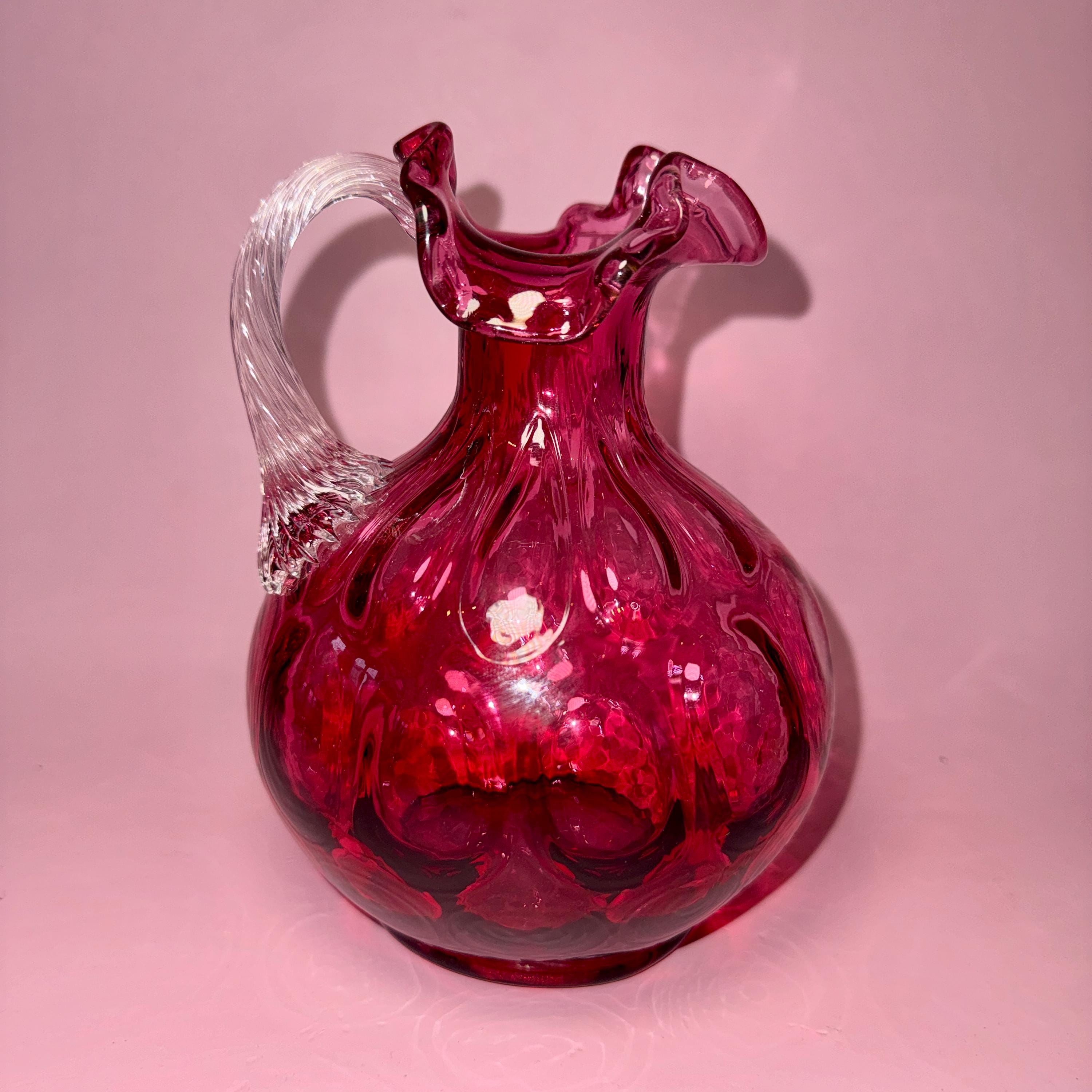 Vintage Fenton Cranberry Glass Pitcher | Ruffled Rim, Clear Handle