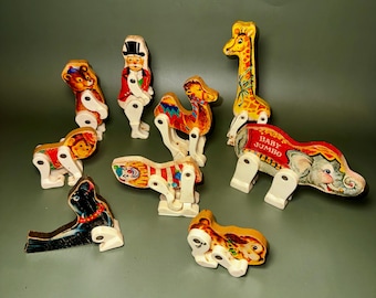 Vintage 1950s Circus Animal Toys – 11-Piece Wood & Plastic Figure Set