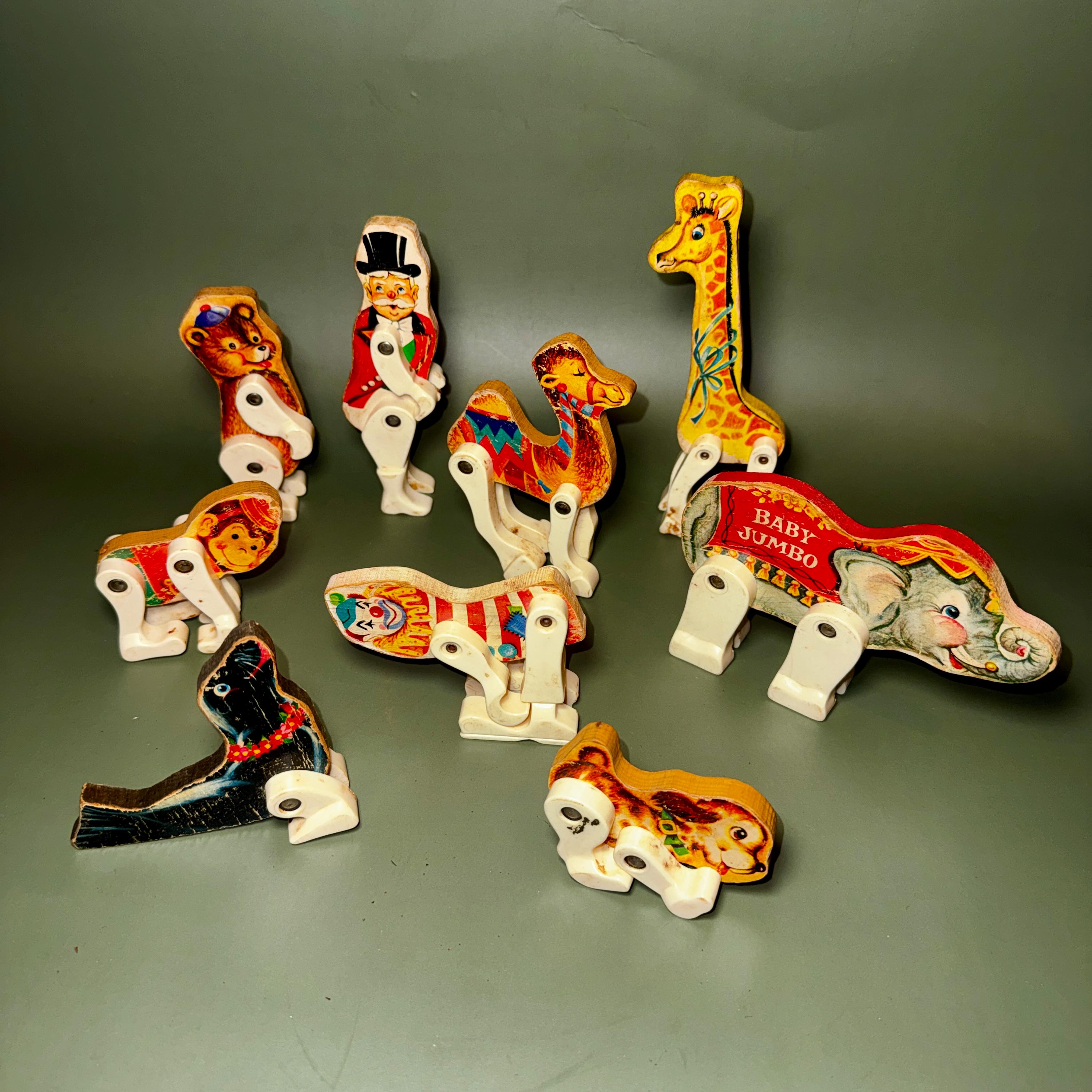 Vintage 1950s Circus Animal Toys – 11-piece Wood & Plastic Figure