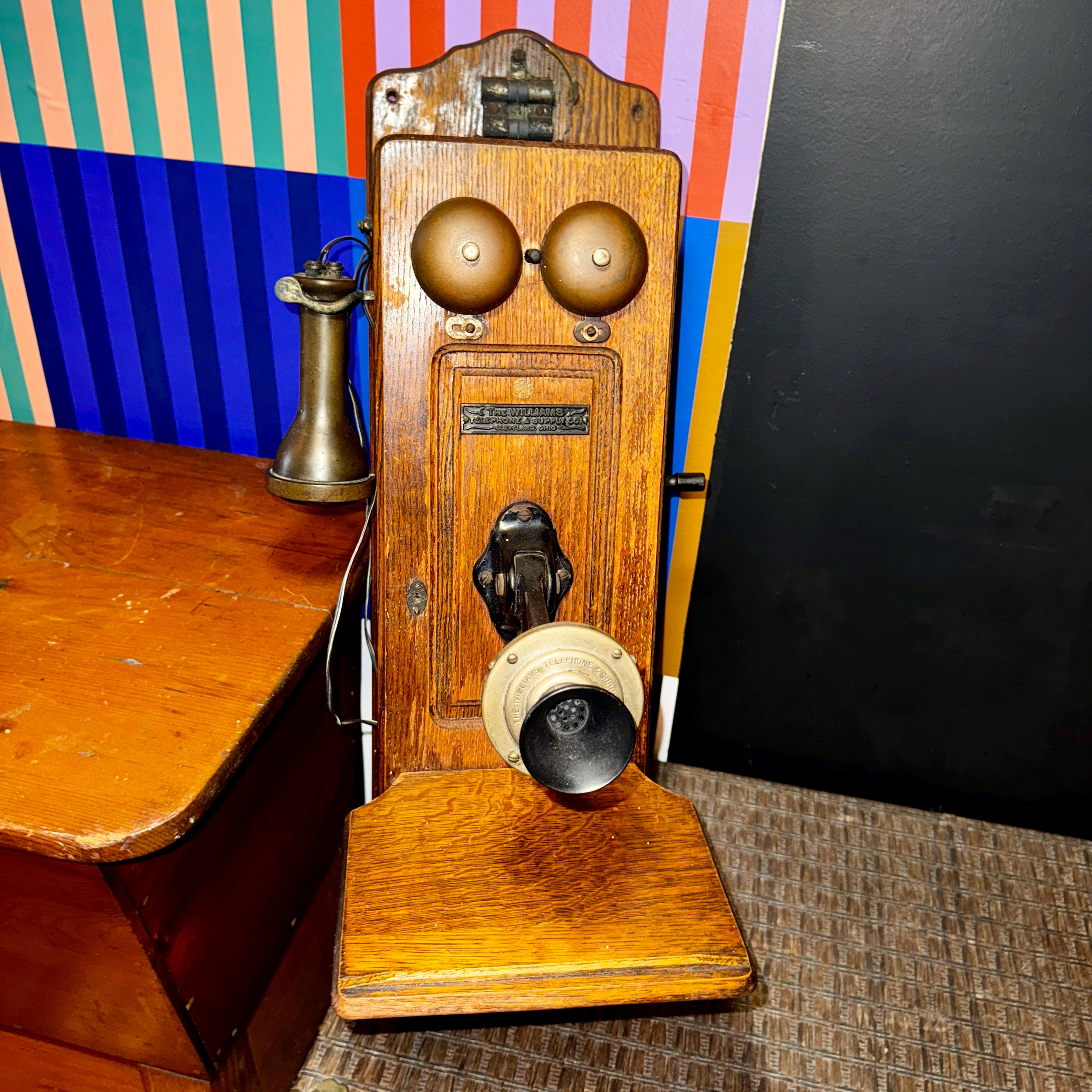 Antique Williams Oak Wall Phone | 1900s Magneto Crank Telephone