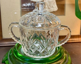 Azucarero vintage Anchor Hocking Wexford con tapa - Vidrio prensado transparente - Utensilios de cocina estilo MCM EAPG - Patrón de punta de diamante