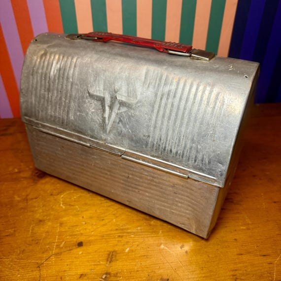Vintage Aluminum Dome Lunch Box – V Victory Logo, 1950s Industrial