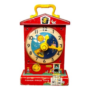 Vintage Fisher-Price muziekdoos onderwijsklok #998 | Werkende staat | Retro educatief speelgoed uit 1964 | Klassiek Fisher-Price-verzamelobject