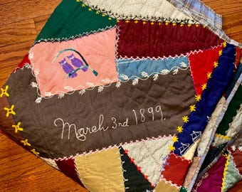ビクトリア朝のクレイジーキルト、シルクサテンベルベットの手縫い刺繍