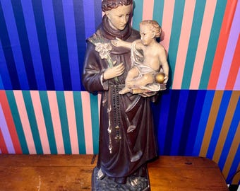 Antique St. Anthony of Padua Statue - Large 19” Religious Chalkware - St. Anthony w/ Christ Child & Lilies - Early 1900s Catholic Altar Art