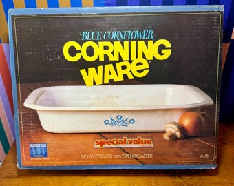 Asador abierto Corning Ware Blue Cornflower A-76 vintage, nuevo sin abrir, en caja, de 35,5 x 29 cm.