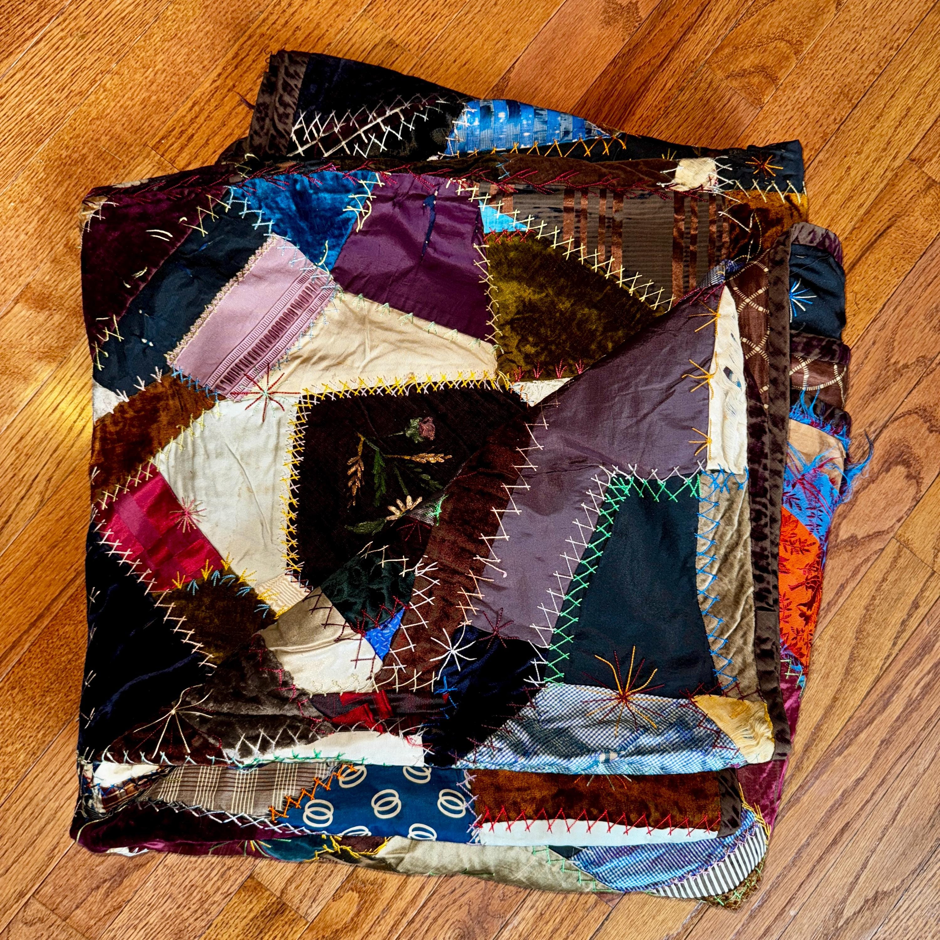 Antique Victorian Crazy Quilt | 1890s Hand-embroidered Silk Velvet 