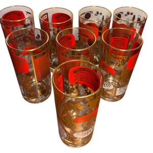 Mid-Century Modern Federal Glass Highball Glasses Set of 8 with Recipes, Original Box, Vintage Barware (1950s–60s)