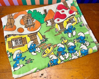 Vintage 1982 Smurfs Twin Flat Sheet - Lawtex No-Iron Luxury - Wallace Berrie & Co. - Retro 80s Bedding or Upcycle Sewing Fabric - 66" x 96"