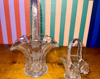 Vintage Etched Crystal Basket Set – Floral Glass, MCM Wedding Decor