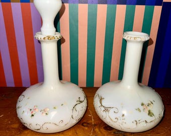 Antique Victorian Milk Glass Barber Bottles – Hand Painted Floral Gilt Decanters