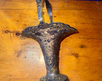 Antique Victorian Cherub Brides Basket Vase | Repousse Silverplate Centerpiece