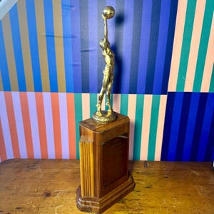 Puede incluir: Un trofeo de baloncesto vintage con un jugador dorado alcanzando una pelota. La figura est&aacute; montada sobre una base de madera con una placa. El trofeo se encuentra sobre un fondo a rayas de colores.
