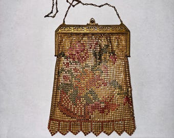 1920s Art Deco Enameled Mesh Purse | Floral Painted Metal Bag | Whiting & Davis Style | Scalloped Fringe Antique Handbag