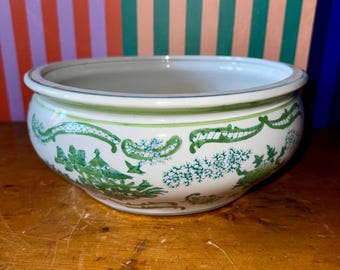 Maceta para pediluvio de porcelana estilo chinoiserie vintage de los años 70 - Maceta floral verde y blanca acabada a mano - Grandmillennial Decor