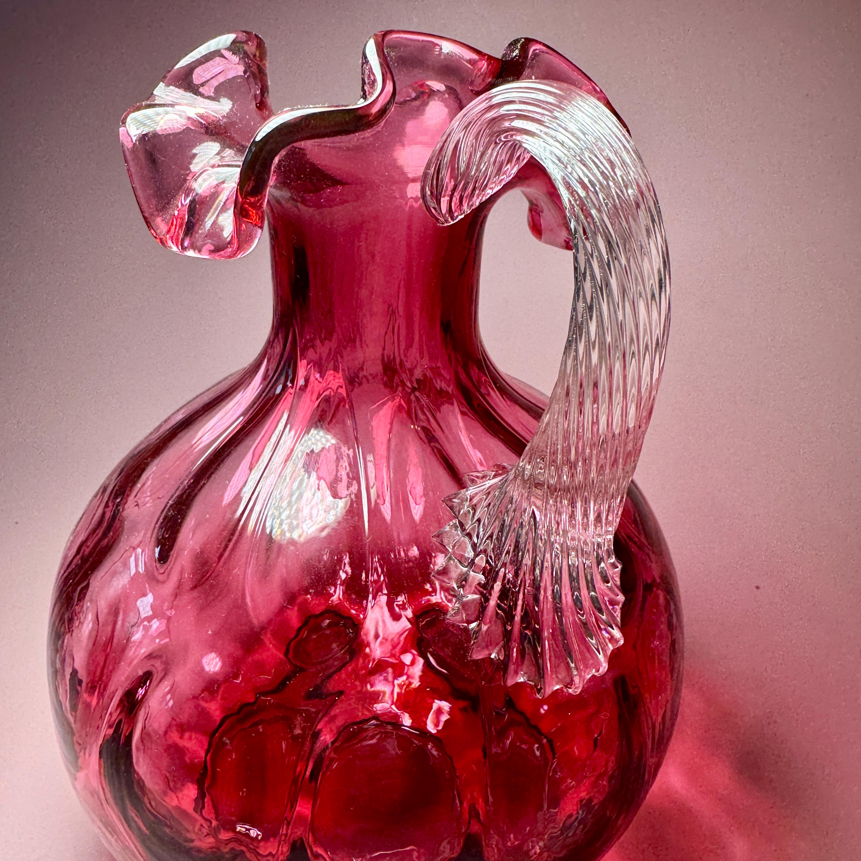Vintage Fenton Cranberry Glass Pitcher | Ruffled Rim, Clear Handle